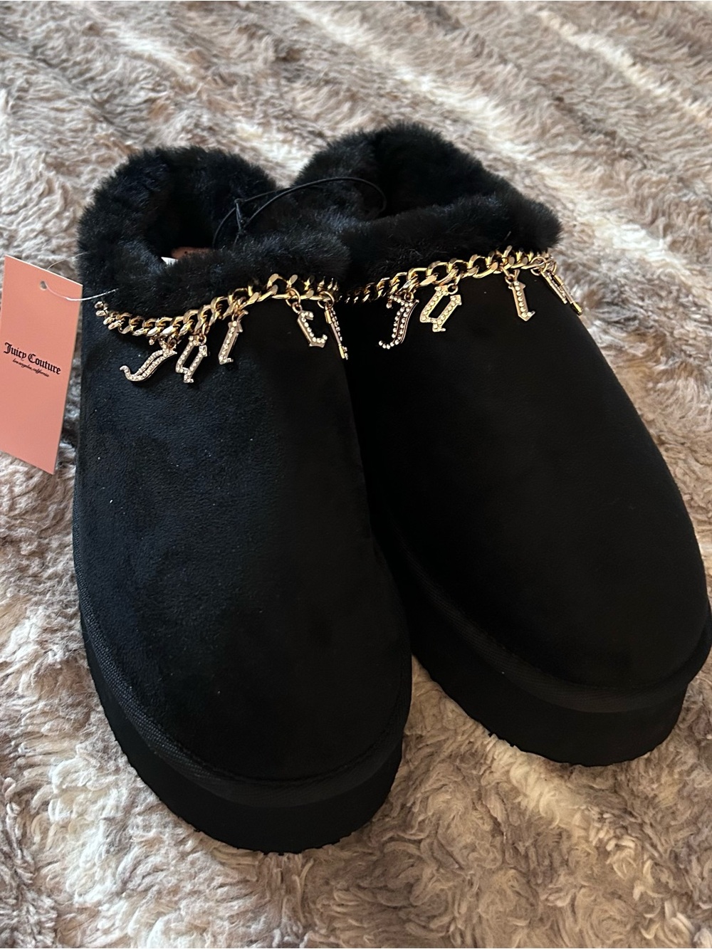 Juicy Couture Black Faux Fur Chain-Embellished Slip-Ons